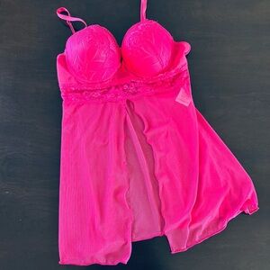 Flora By Flora Nikrooz Mesh Babydoll Lingerie size Large Hot Pink sheer